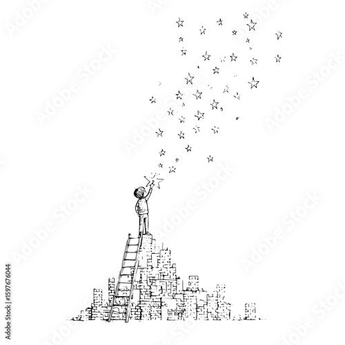 A boy on a ladder reaching for stars above a city made of blocks in a black and white sketch style