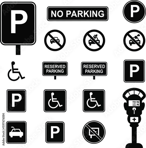 Parking signs vector illustration set no parking handicapped reserved parking meter icon 90