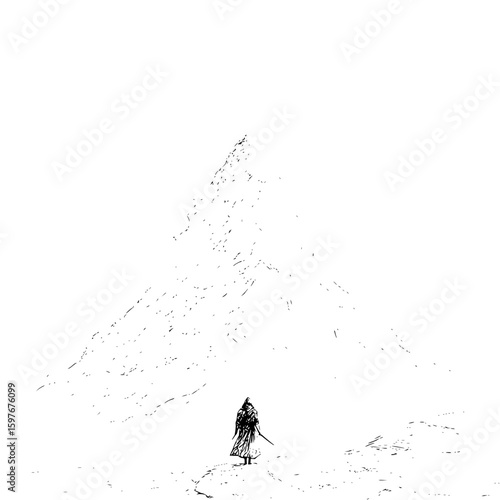 A lone figure with a sword stands before a towering mountain in a minimalist black and white scene
