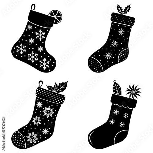 Four christmas stockings in black and white with snowflakes and various holiday decorations design vector