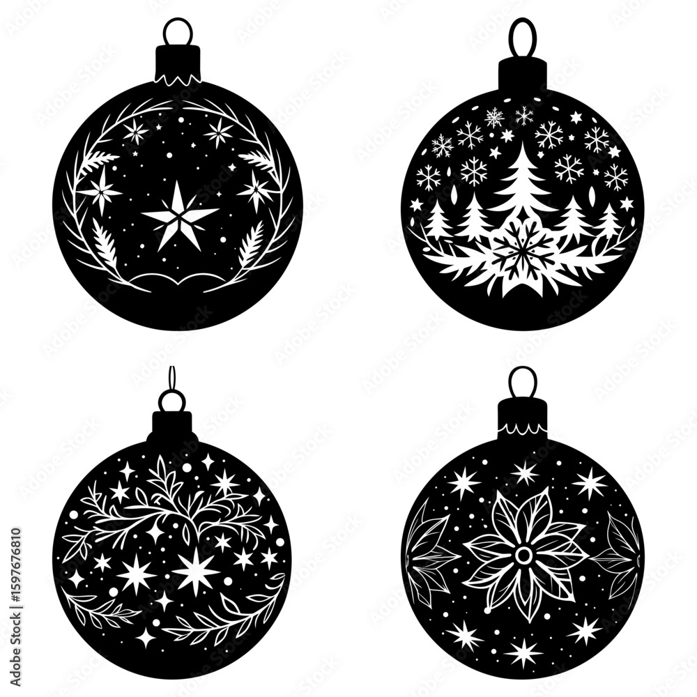 Fototapeta premium Four christmas ornaments with star, flower, tree and snowflake designs in black and white color scheme