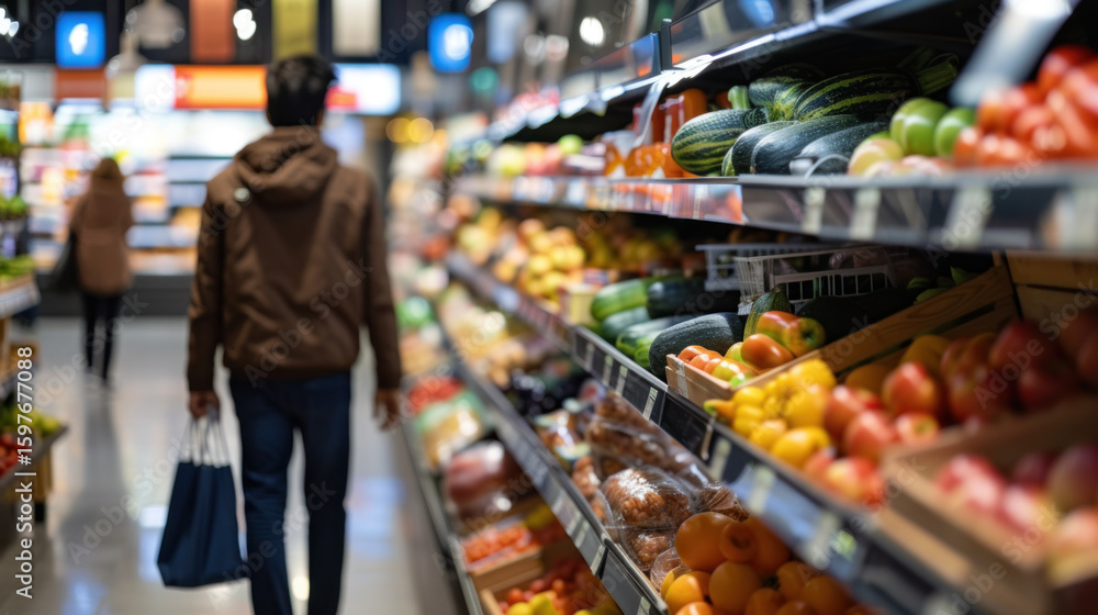 Fototapeta premium Shopping for fresh produce in a market with aisles full of fruits and vegetables. Healthy eating.