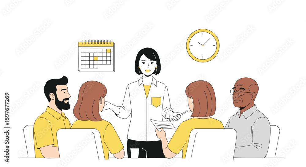 A woman leads a meeting of diverse colleagues, pointing to a calendar and holding documents, with a clock on the wall. A woman leads a meeting of diverse colleagues, pointing to a calendar and holding documents, with a clock on the wall.