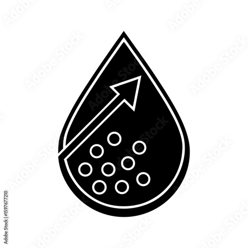 Cholesterol drop icon with upward arrow and lipid particles in dark flat style vector illustration