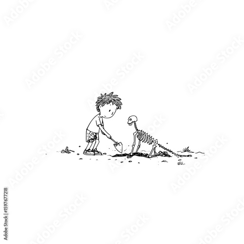 A young boy digs in the dirt with a shovel next to a skeletal dog in a black and white drawing