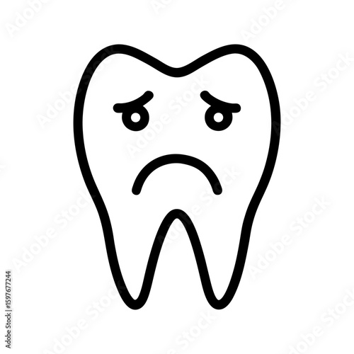 Sad molar tooth icon with frown face, dental pain cartoon outline design vector illustration