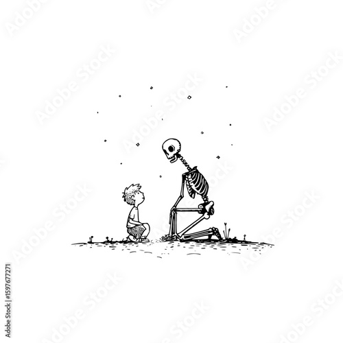 A young boy kneels before a kneeling skeleton under a sky filled with tiny stars and small squares