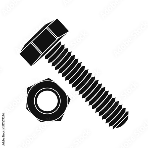 Bold black screw and nut icon in angular mechanical silhouette design vector illustration