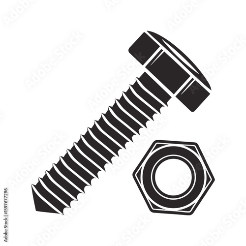 Screw and hex nut icon with angled head and threaded shaft in black style vector illustration