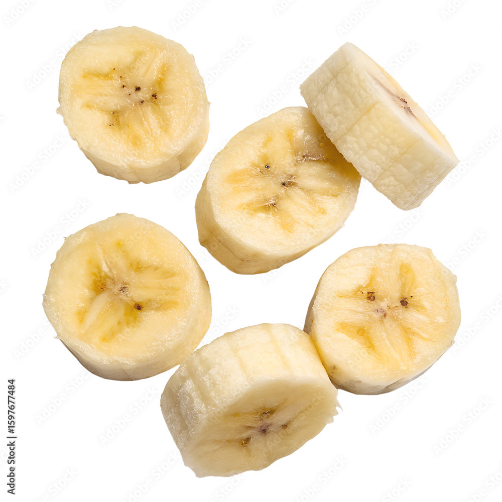 Flying banana slices isolated on a transparent background. Completely in focus. Full depth of field. PNG. Flying banana slices isolated on a transparent background. Completely in focus. Full depth of field. PNG.