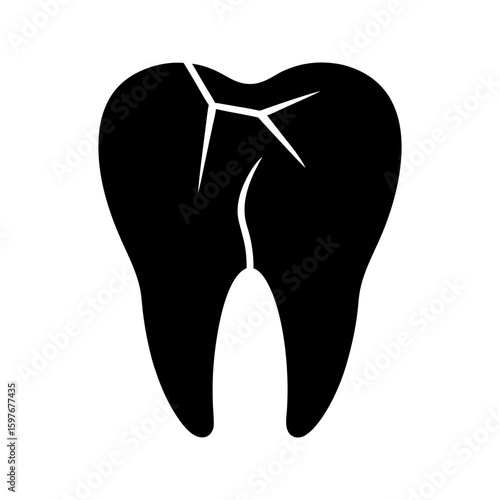 Cracked molar tooth icon with sharp fracture lines in black silhouette style vector illustration