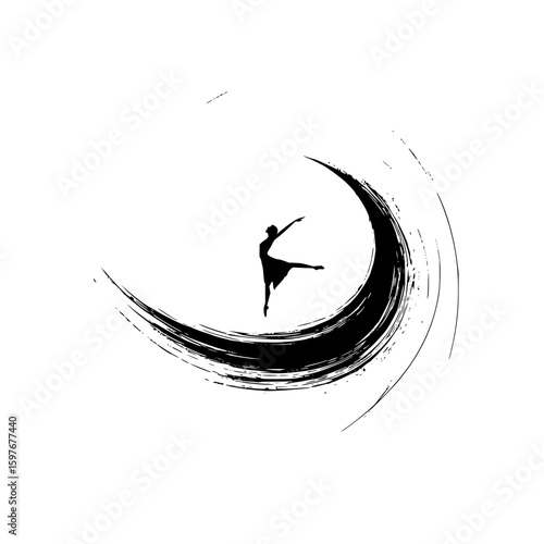 Silhouette of a ballerina in a graceful pose inside a black brush stroke crescent shape design element
