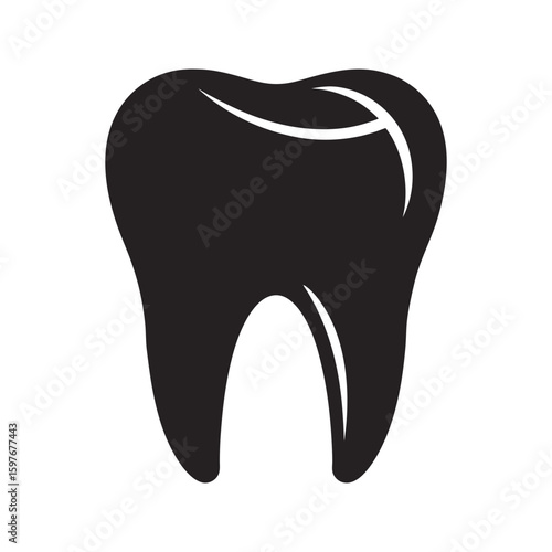Black molar tooth with white highlight detail, healthy enamel silhouette vector illustration