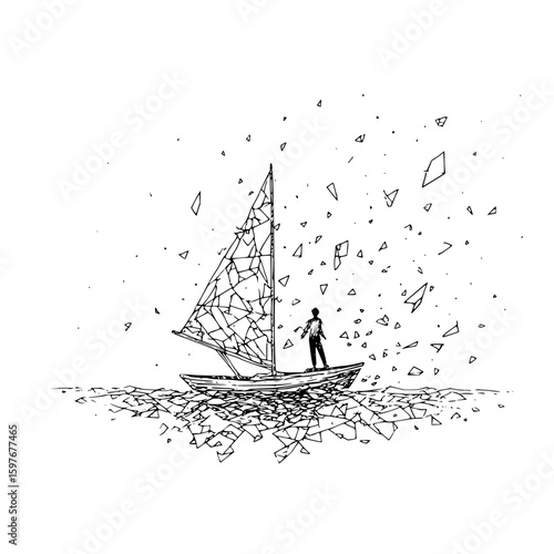 Illustration of a man standing on a shattered sailboat amidst fragmented water and sky pieces