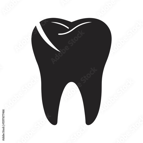 Cracked molar tooth black icon silhouette, damaged enamel dental decay vector illustration