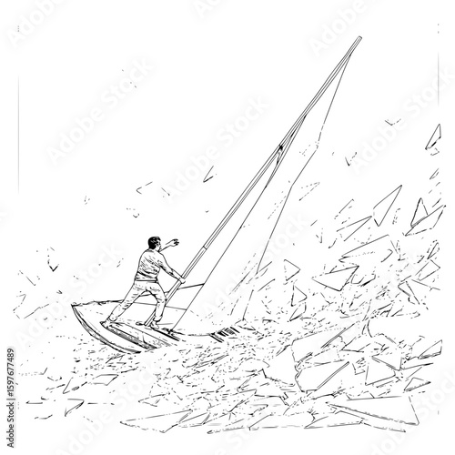 A sketch of a man standing on a sailboat amidst shattered glass with arm extended pointing forward afar