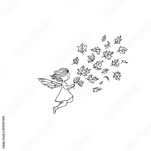 A whimsical fairy girl with wings holding leaves amidst a flurry of falling autumn leaves in black lines