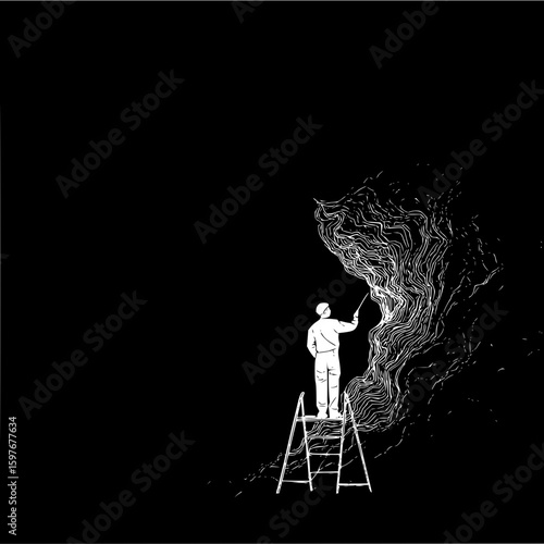 A person on a ladder painting or drawing white lines on a black background with a long stick tool