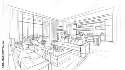Open-concept living area and kitchen design sketch.