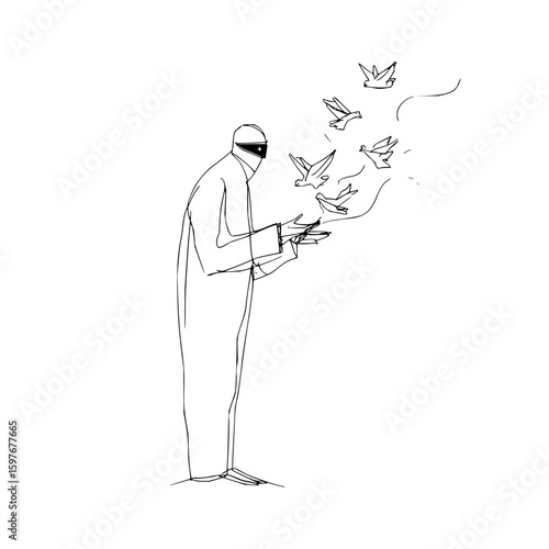 Minimalist sketch of a person in traditional clothing releasing birds into the air with outstretched hands