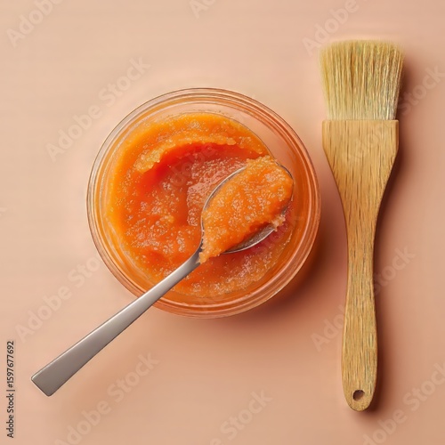 Carrot Facial Mask in Glass Bowl with Brush on Peach Background
