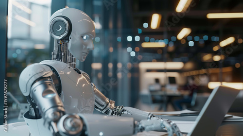 AI agent and intelligent automation IA technology. Business process automation BPA system. Businessman using laptop computer to give instructions to AI at desk in office.
