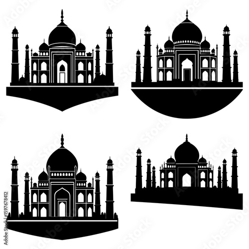 Four black and white silhouettes of the taj mahal on different shaped bases in a symmetrical arrangement