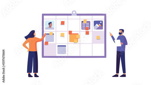 People collaborating on a project management board with sticky notes and task assignments shown visually