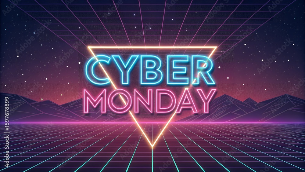 Naklejka premium Vibrant Cyber Monday promotion in neon style on a geometric grid