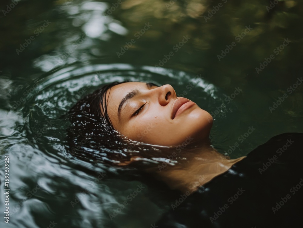 Fototapeta premium Photo of a person peacefully floating in a hot spring, relaxing and reflecting