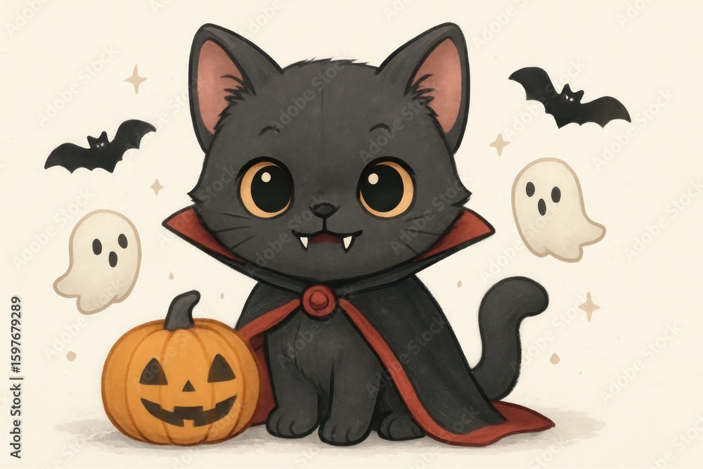 Fototapeta premium Cute Halloween vampire cat illustration.