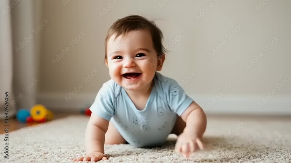 Baby crawling on carpet, smiling Baby crawling on carpet, smiling