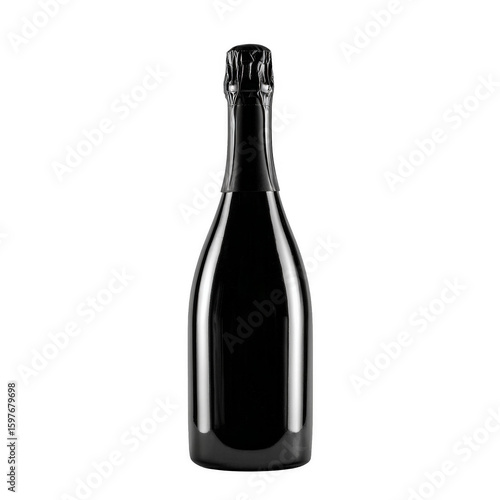 A bottle of champagne is sitting on a white background