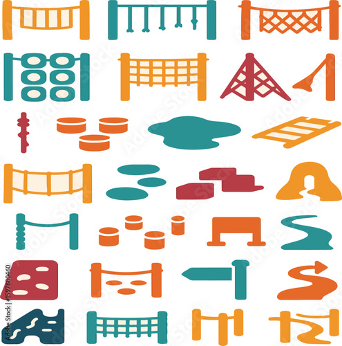 Obstacle Course Icons – Playground, Training, Adventure Park Vector Set

