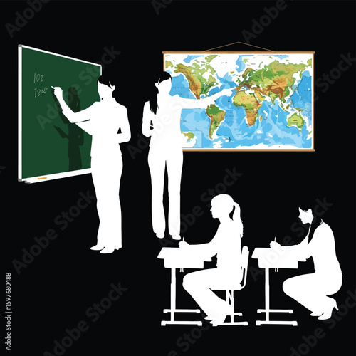 Classroom education teacher students learning geography map blackboard teaching study lesson