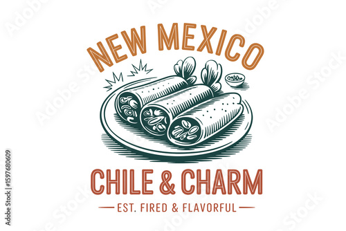 New Mexico chile enchilada flat vector muted tones vintage USA STATE food clipart