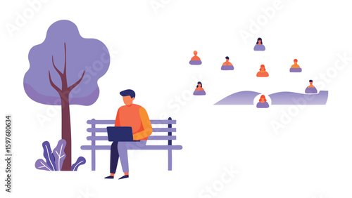 Man sitting on bench with laptop under tree with group of people in the background landscape view