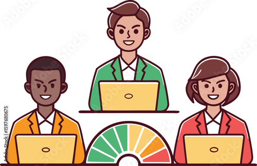 Benchmark Performance Concept. Vector cartoon illustration of a group of diverse business people engaged in analyzing and comparing the results of measuring indicators.analysis, businesswoman, chart, 