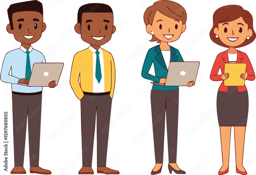 Business team. Vector illustration of diverse cartoon men and women of various ethnicities, ages, and body types in office outfits. Isolated on white.african american, businessperson, businesswoman, Business team. Vector illustration of diverse cartoon men and women of various ethnicities, ages, and body types in office outfits. Isolated on white.african american, businessperson, businesswoman,