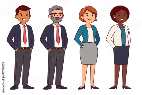 Business team. Vector illustration of diverse cartoon men and women of various ethnicities, ages, and body types in office outfits. Isolated on white.african american, businessperson, businesswoman, 
