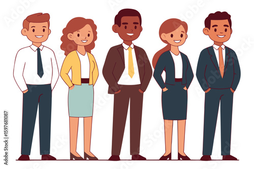 Business team. Vector illustration of diverse cartoon men and women of various ethnicities, ages, and body types in office outfits. Isolated on white.african american, businessperson, businesswoman, 