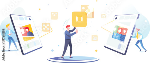 Illustration showing people interacting with mobile devices and floating icons around them