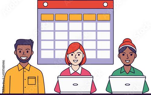 Business Task Management Concept. Vector cartoon illustration of a group of diverse people creating a task plan in a spreadsheet and a calendar. agenda, analysis, businesswoman, company, corporate, 