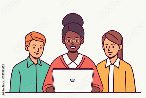 Online Business Concept. Vector cartoon illustration of a group of diverse people doing analytics on a laptop monitor via video call.analysis, brainstorming, ceo, chart, colleague, conference,