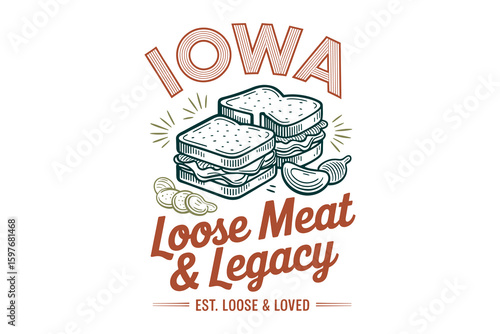 Iowa loose meat sandwich flat vector muted tones vintage USA STATE food clipart
