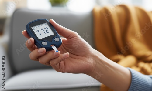 Person measuring blood glucose levels with device