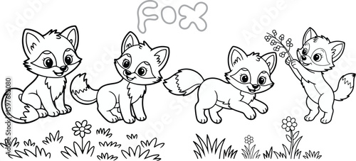 "Fox Coloring Page for Kids – Cute Baby Foxes Line Art Printable"
