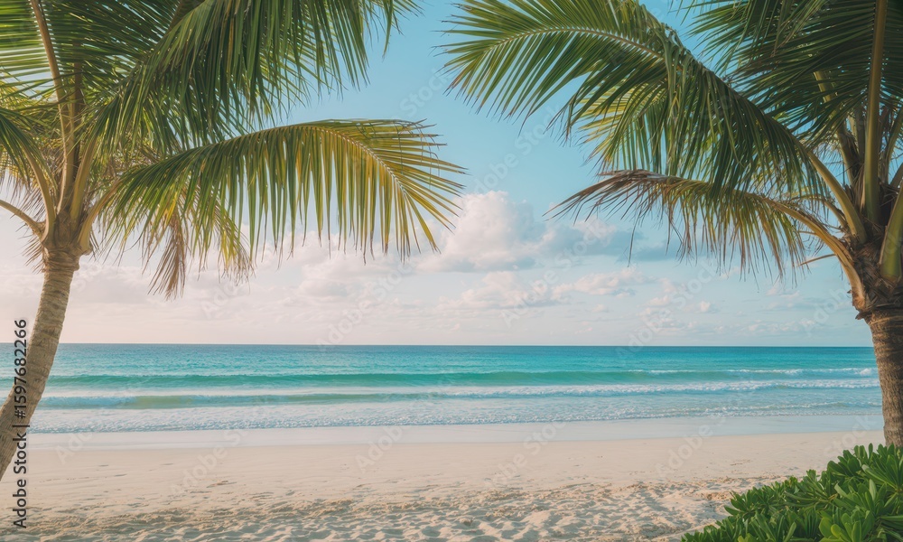 Fototapeta premium Tropical beach scene with palm trees and turquoise water