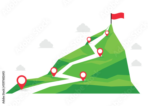 Infographic: The mountain path to success. Six-step mountain. Success story.