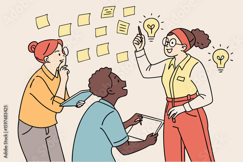 Business Planning Concept. Vector cartoon illustration of a group of diverse people in business outfits making notes on a calendar with tasks.person, businesswoman, company, corporate, discussion,